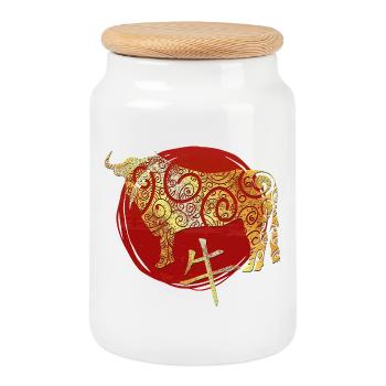 Ox Chinese Zodiac Horoscope - Cookie Jar with Wooden Lid - white - Front