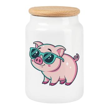 Cochon Cool Lunettes Soleil - Boîte à biscuits avec couvercle en bois - blanc - Devant