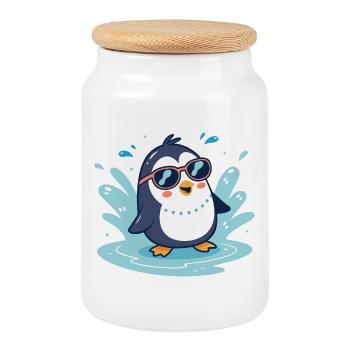 Penguin Sun Splash in Glasses - Cookie Jar with Wooden Lid - white - Front