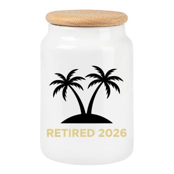 Retired 2026 Rente Palmen Logo - Keksdose mit Holzdeckel - Weiß - Vorne