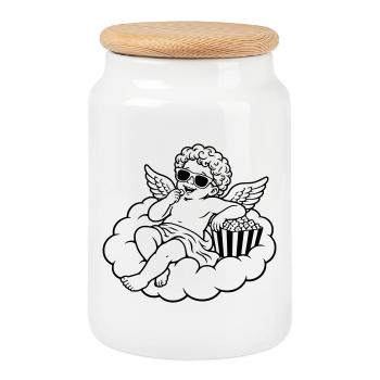 Un chérubin frissonne avec du pop-corn sur un nuage - Boîte à biscuits avec couvercle en bois - blanc - Devant