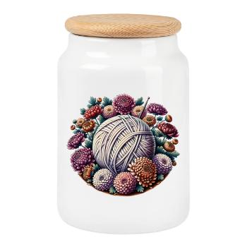 Boule de laine florale avec fleurs - Boîte à biscuits avec couvercle en bois - blanc - Devant