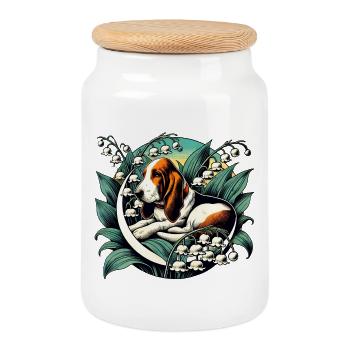 Basset Hound im Lily Valley - Keksdose mit Holzdeckel - Weiß - Vorne