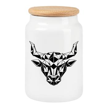 Geometric bull's head black and white, zodiac sign - Cookie Jar with Wooden Lid - white - Front