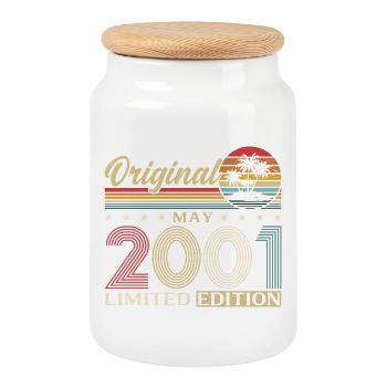 25th Birthday Gift Original May Vintage 2001 - Cookie Jar with Wooden Lid - white - Front
