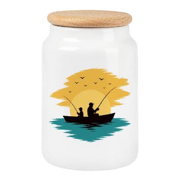 Papa Enfant Bateau de pêche Chemise au coucher du soleil - Boîte à biscuits avec couvercle en bois - blanc - Devant