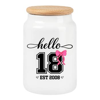 Hello 18 Est 2008 Women's Birthday Design - Cookie Jar with Wooden Lid - white - Front