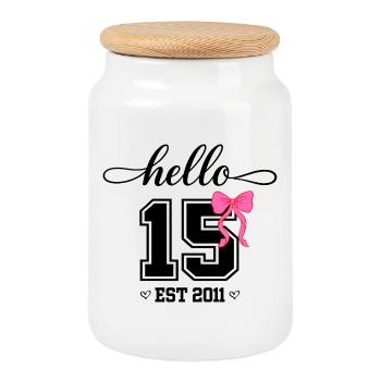 Hello 15 Est 2011 Mädchen Geburtstag Design - Keksdose mit Holzdeckel - Weiß - Vorne