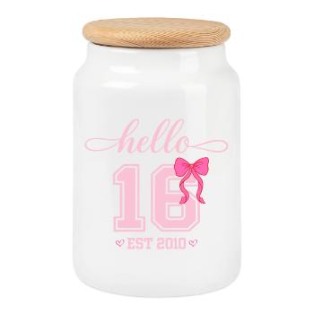 Hello 16 Est 2010 Girl Birthday Design - Cookie Jar with Wooden Lid - white - Front