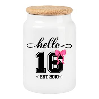 Hello 16 Est 2010 Girl Birthday Design - Cookie Jar with Wooden Lid - white - Front