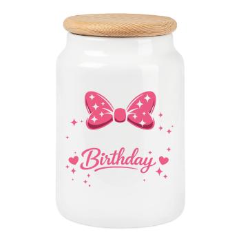 Design Anniversaire Fille - Nœud Rose Magique et É - Boîte à biscuits avec couvercle en bois - blanc - Devant