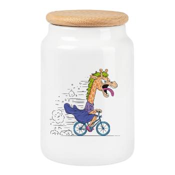 Giraffe auf dem Fahrrad-Cartoon - Keksdose mit Holzdeckel - Weiß - Vorne