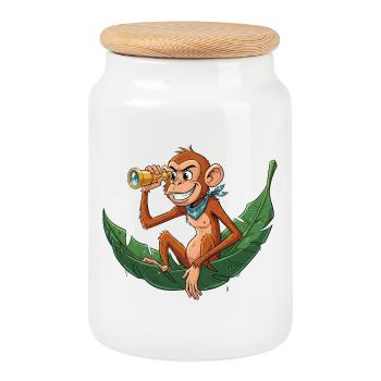 Abenteueraffe mit Fernrohr - Keksdose mit Holzdeckel - Weiß - Vorne