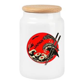 Japan Sushi Koi in Red Circle - Cookie Jar with Wooden Lid - white - Front