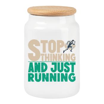 Running Stop Thinking & Just Marathon Runner Gift - Cookie Jar with Wooden Lid - white - Front