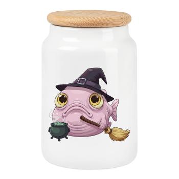 Funny Blobfish - Witch's Hat and Magic Cauldron - Cookie Jar with Wooden Lid - white - Front