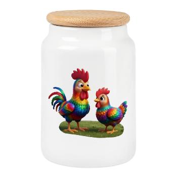 Rooster with hen - Cookie Jar with Wooden Lid - white - Front