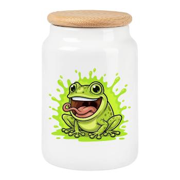Lime Frog Splash Cartoon - Cookie Jar with Wooden Lid - white - Front