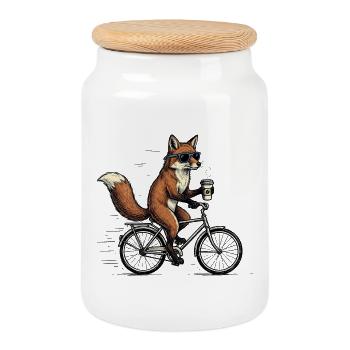 Fox on Bicycle with Coffee – Animal Humor - Cookie Jar with Wooden Lid - white - Front