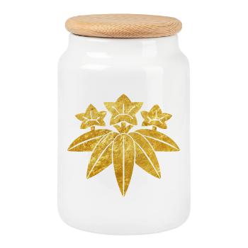 Vintage Faux Gold Kamakura Minamoto Japan Mon Art - Cookie Jar with Wooden Lid - white - Front
