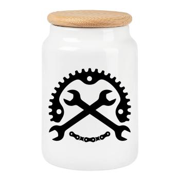 Bike Mechanic – Chainring Logo - Cookie Jar with Wooden Lid - white - Front