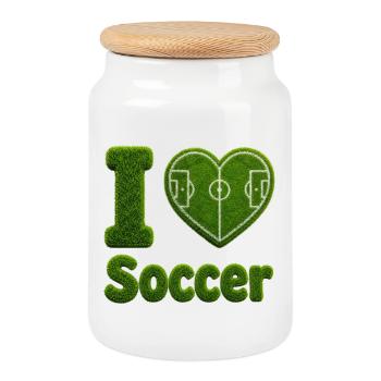I Love Soccer Grass Heart Soccer Field Design - Cookie Jar with Wooden Lid - white - Front