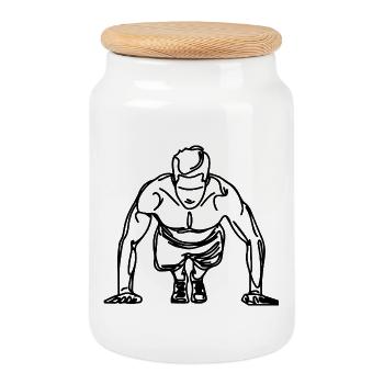Bodybuilder Drawing - Cookie Jar with Wooden Lid - white - Front