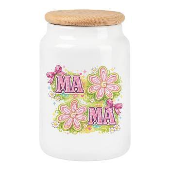 MAMA Fleurs Magiques et Nœuds Roses | Rétro Chic - Boîte à biscuits avec couvercle en bois - blanc - Devant