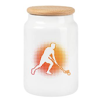 Geschenkidee für einen Floorball-Fan mit Innebandy - Keksdose mit Holzdeckel - Weiß - Vorne
