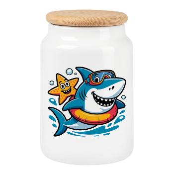 Requin drôle avec une étoile de mer - Boîte à biscuits avec couvercle en bois - blanc - Devant