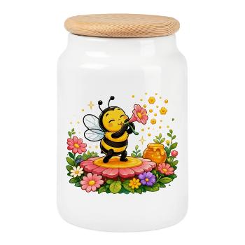 bee honey beekeeper honeycomb flowers meadow insect - Cookie Jar with Wooden Lid - white - Front