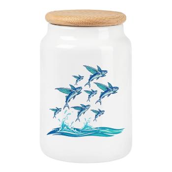 Un banc de poissons bleus par-dessus les vagues - Boîte à biscuits avec couvercle en bois - blanc - Devant