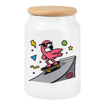 Flamingo Skater auf Rampenboard - Keksdose mit Holzdeckel - Weiß - Vorne