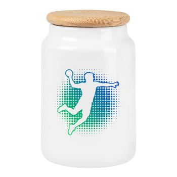 Idée de cadeau pour le coureur en cercle avec un jeu de handball - Boîte à biscuits avec couvercle en bois - blanc - Devant
