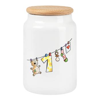 Premier anniversaire de la corde à linge de bébé - un - enfant - Boîte à biscuits avec couvercle en bois - blanc - Devant