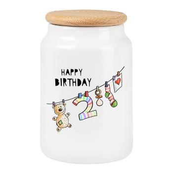 Happy Birthday - Zweiter Geburtstag - Zwei Jahre - Keksdose mit Holzdeckel - Weiß - Vorne