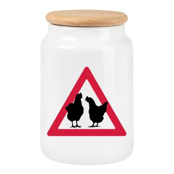 Attention, partie de poule - Boîte à biscuits avec couvercle en bois - blanc - Devant