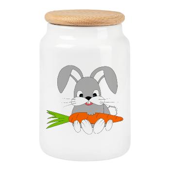 Fröhlicher Hase mit der Möhre - Keksdose mit Holzdeckel - Weiß - Vorne