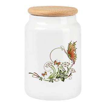 Floral decoration with butterflies and flowers - Cookie Jar with Wooden Lid - white - Front