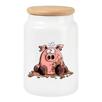 Pig plays in the mud - Pigs - Cartoon - Gift - Cookie Jar with Wooden Lid - white - Front