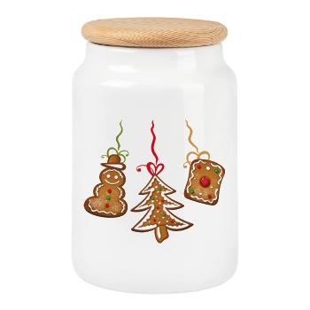 Christmas Cookies. Snowman with tree, gingerbread. - Cookie Jar with Wooden Lid - white - Front