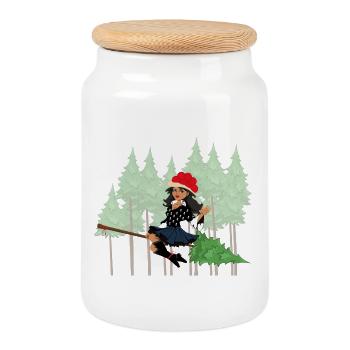 Modern Black Forest Witch Bollenhut Broom - Cookie Jar with Wooden Lid - white - Front