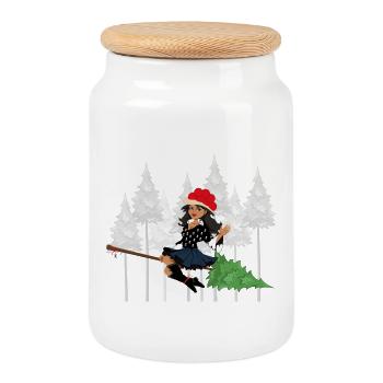 Modern Black Forest Witch Bollenhut Broom - Cookie Jar with Wooden Lid - white - Front