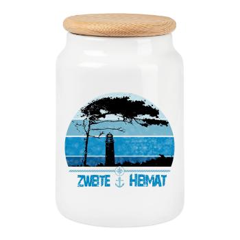 Zweite Heimat Darss - Leuchtturm Windflüchter - Keksdose mit Holzdeckel - Weiß - Vorne