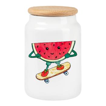 Skater melon skateboard cute cool illustration - Cookie Jar with Wooden Lid - white - Front