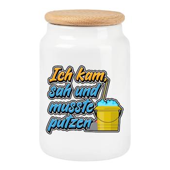 Ich kam, sah und musste putzen - Keksdose mit Holzdeckel - Weiß - Vorne