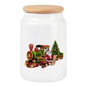 Santa mit einem Zug - Keksdose mit Holzdeckel - Weiß - Vorne