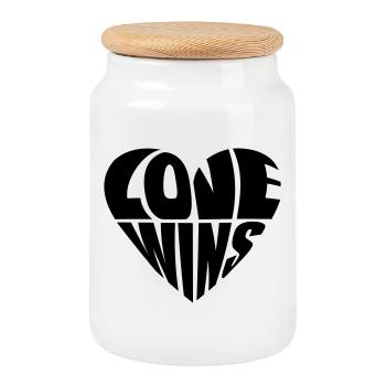 "Love Wins" in heart shape | LGBTQ Pride - Cookie Jar with Wooden Lid - white - Front