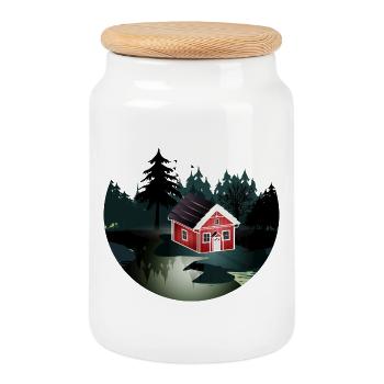 small red swedish house at the edge of the forest - Cookie Jar with Wooden Lid - white - Front