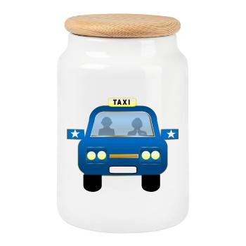 Blue Taxi Front Cartoon - Cookie Jar with Wooden Lid - white - Front